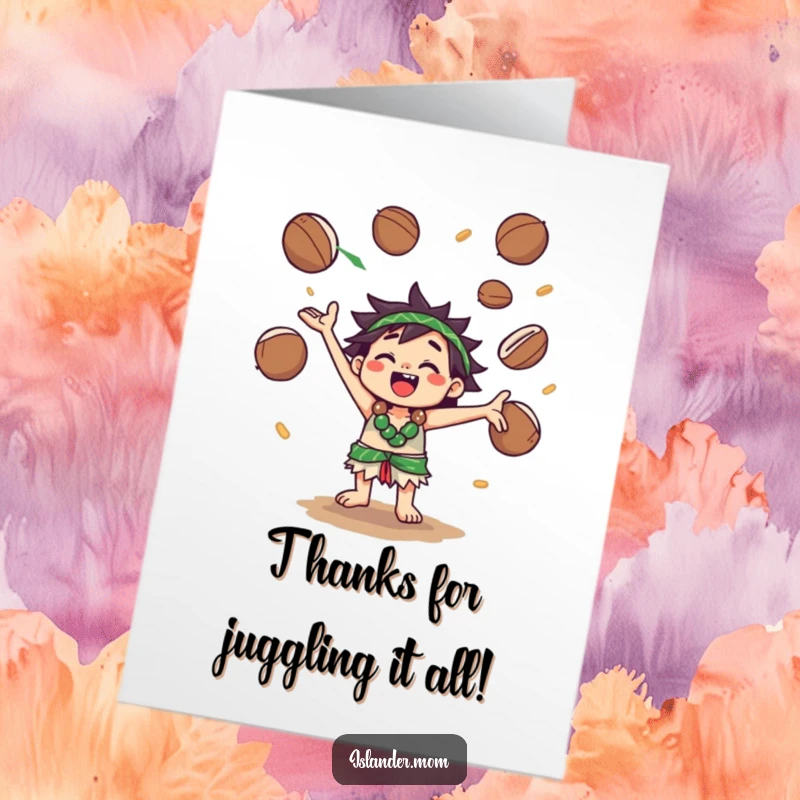 Funny Free Printable Thank You Card of a Kawaii islander character joyfully juggling coconuts, offering thanks with a quirky vibe.