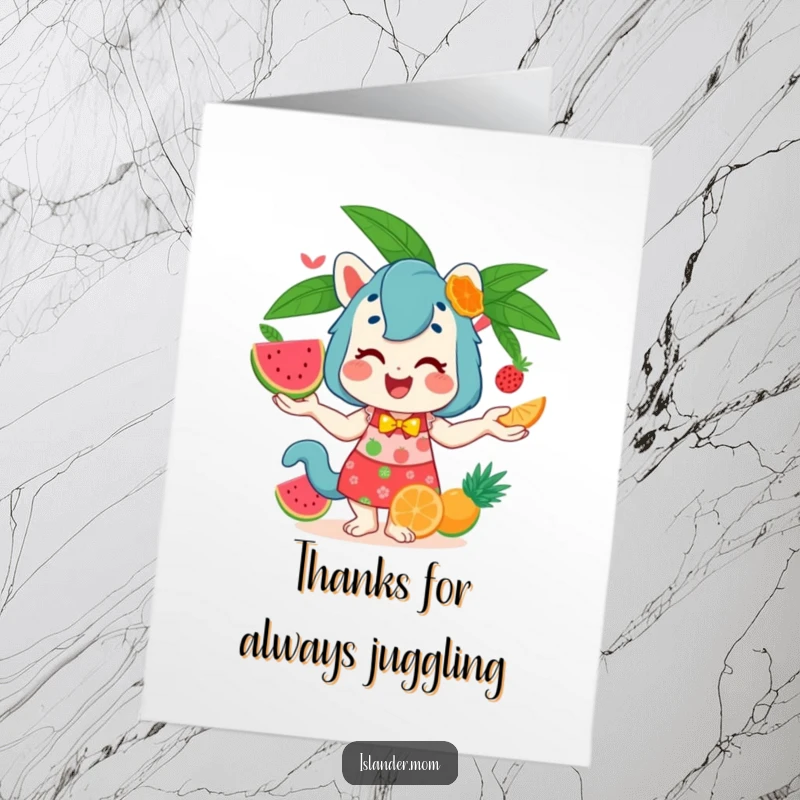 Funny Free Printable Thank You Card: A smiling islander mom animal juggles ripe tropical fruits, offering sincere gratitude.