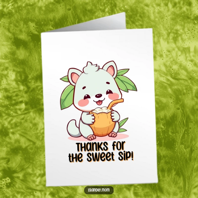 Funny Free Printable Thank You Card, a kawaii islander animal with a wide happy grin sharing a coconut drink.