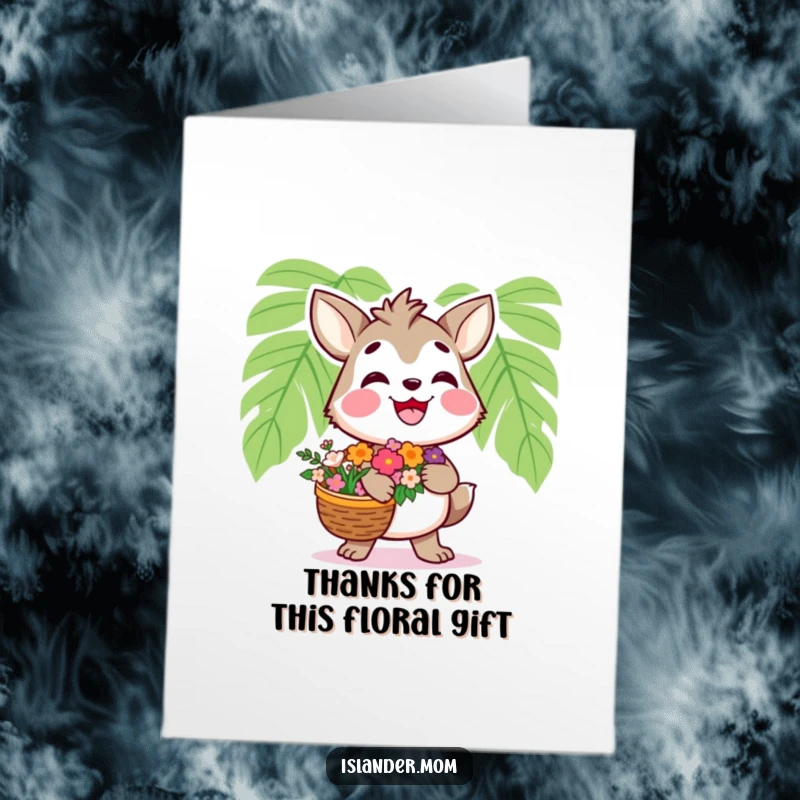 Funny Free Printable Thank You Card: A kawaii islander character smiles brightly while carrying a basket full of flowers.