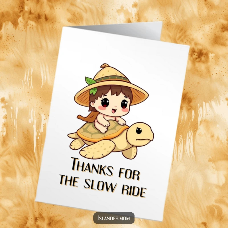 Funny Free Printable Thank You Card: A kawaii islander in a straw hat rides a friendly sea turtle, offering thanks.