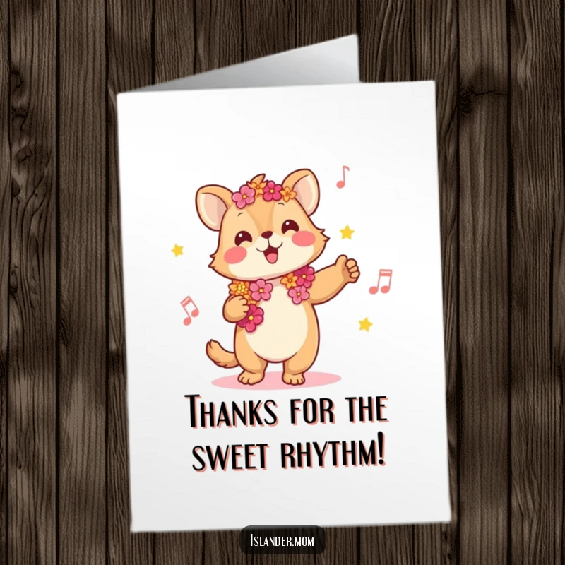 Funny Free Printable Thank You Card: Kawaii islander animal wearing a lei, joyfully swaying to music, spreading thanks.