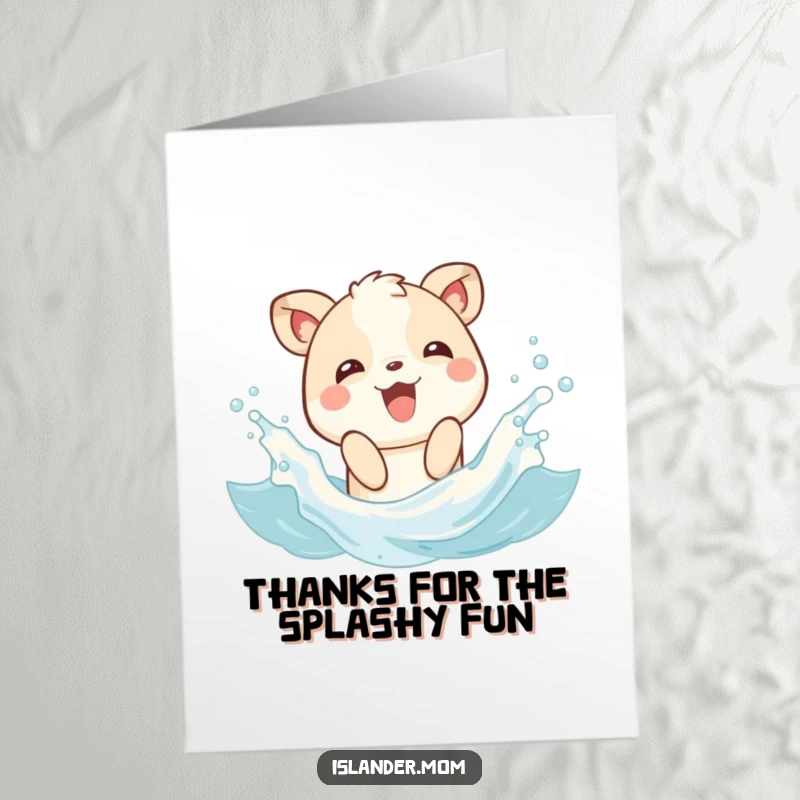 Funny free printable thank you card of a joyful animal playfully splashing in gentle waves, conveying cheerful thanks.