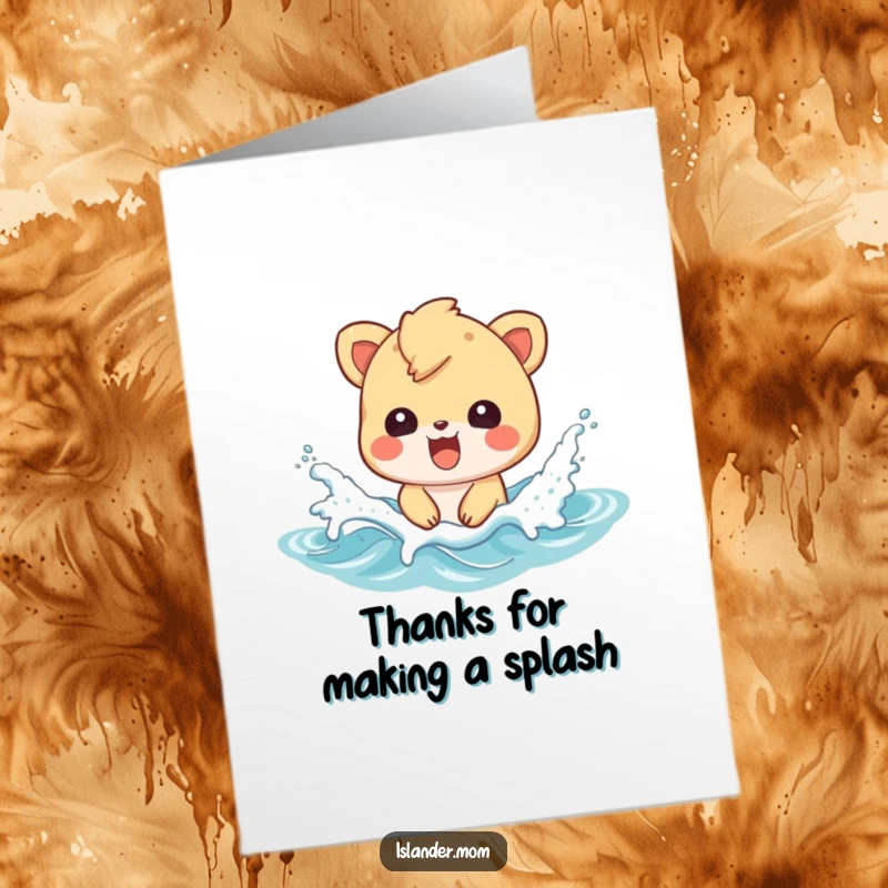 Funny Free Printable Thank You Card depicts an islander animal character happily splashing in waves, conveying thanks with cheerful energy.