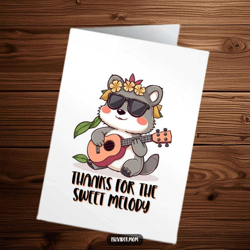 Funny Free Printable Thank You Card: Island animal character strumming a heartfelt tune on a small ukulele, conveying thanks.