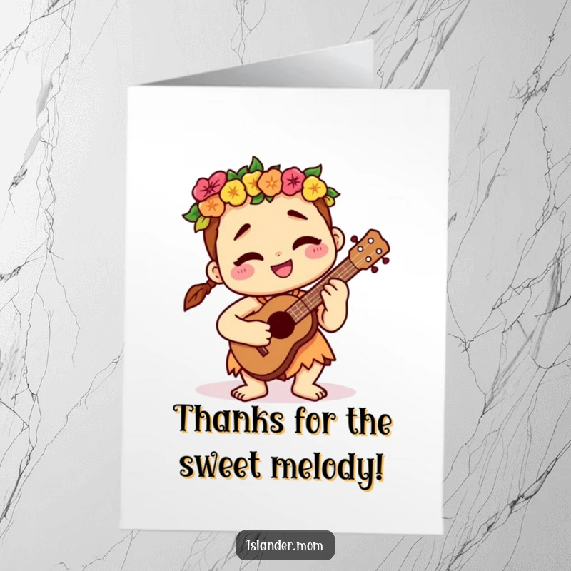 Funny Free Printable Thank You Card: Kawaii islander plays a ukulele, offering a grateful smile.