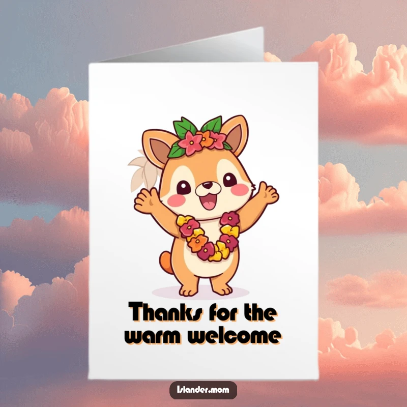 Funny Free Printable Thank You Card depicts an islander animal character excitedly waving a lei, conveying warm gratitude.