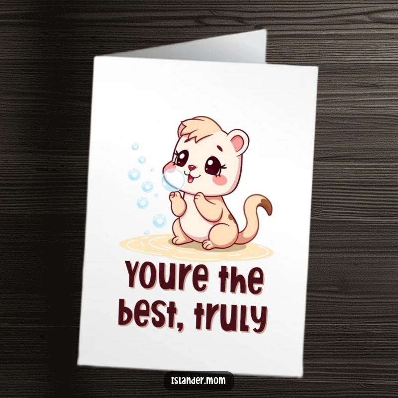 Funny Free Printable Thank You Card: Islander mom animal by the beach happily blows a stream of colorful, transparent bubbles.