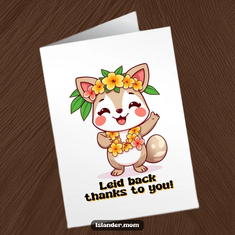 Funny Free Printable Card: Smiling islander animal with a flower lei dances, offering a cheerful tropical thank you.