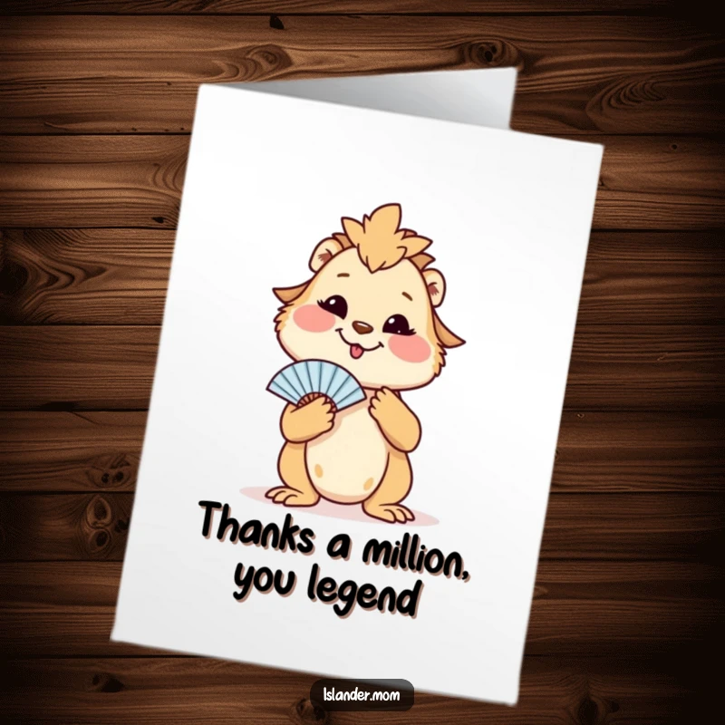 Funny Free Printable Thank You Card: A smiling island mom animal uses a large leaf to fan herself, looking cool and calm.