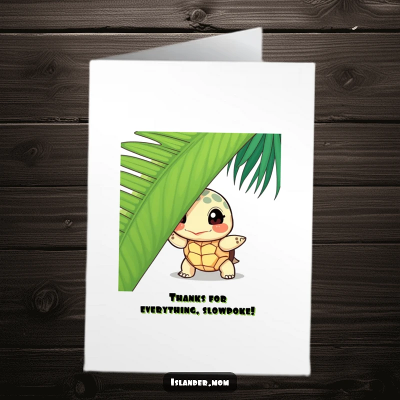 Funny Free Printable Thank You Card: Curious island turtle peeks from behind a palm leaf, saying thank you.