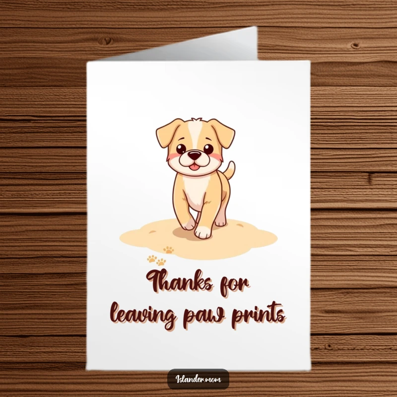 Funny Free Printable Thank You Card: A dog leaves paw prints on a sandy beach during a peaceful walk.
