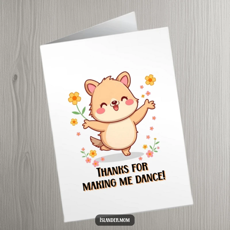 Funny Free Printable Thank You Card: Kawaii islander animal energetically dancing among a delightful scattering of flowers.