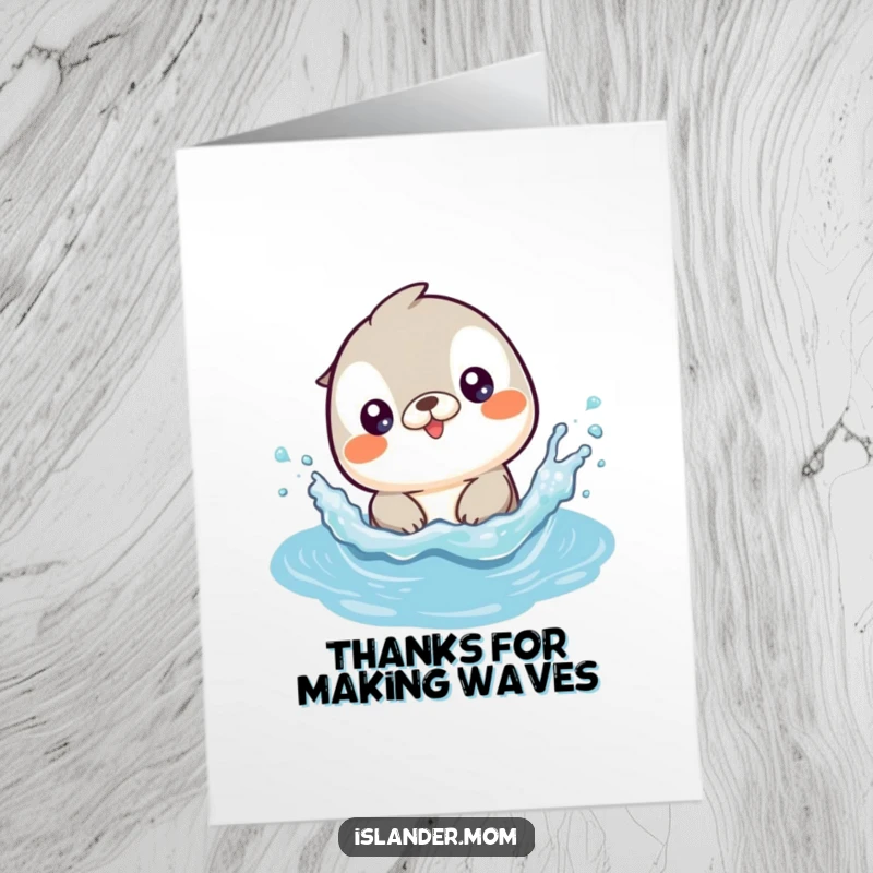 Funny free printable thank you card of a kawaii islander animal splashing playfully, a wet and wild way to say thanks.