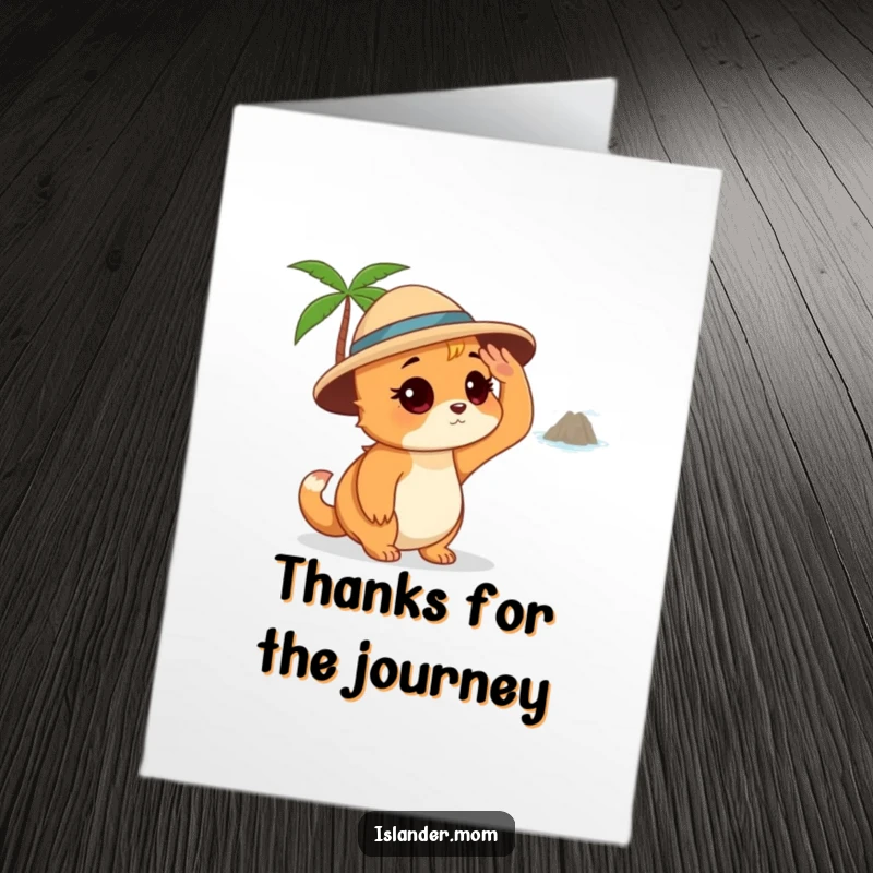 Funny free printable thank you card: an islander mom animal shading her eyes, pensively observing a distant island.
