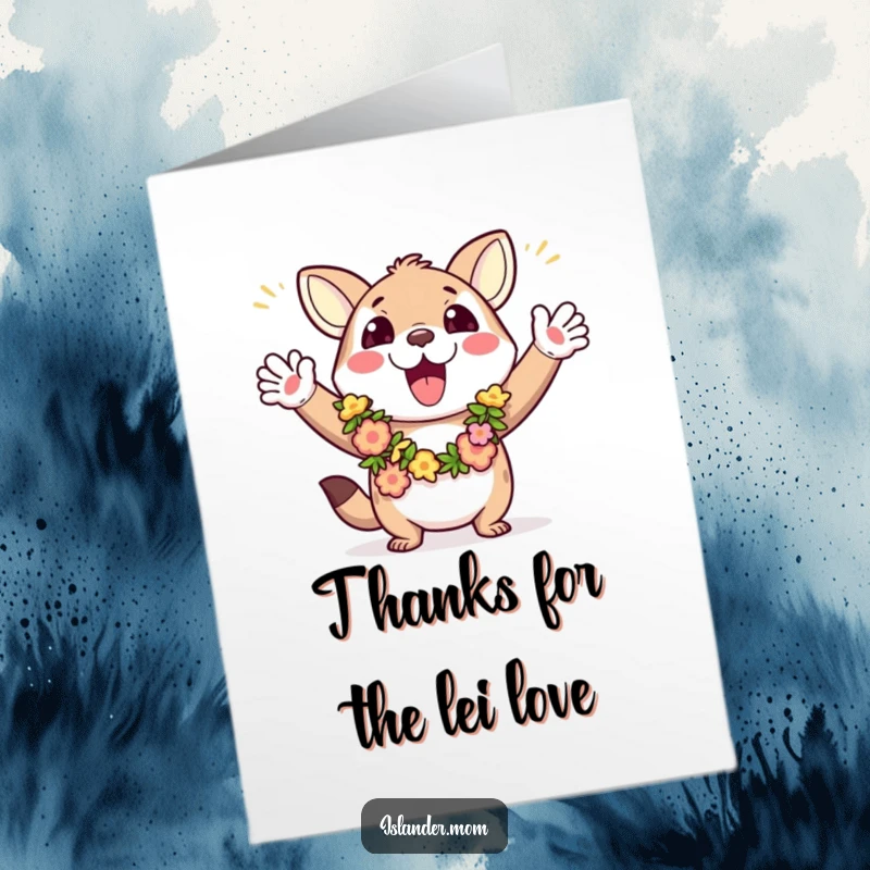 Funny free printable thank you card of an excited animal wearing leis, waving arms and cheering a heartfelt thank you.