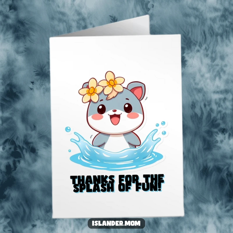 Funny Free Printable Thank You Card: A cheerful islander animal with a flower behind its ear splashing happily in the water.
