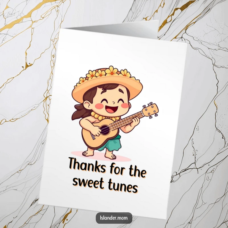 Funny Free Printable Thank You Card: An islander happily plays a ukulele, sending musical thanks with a cheerful melody.