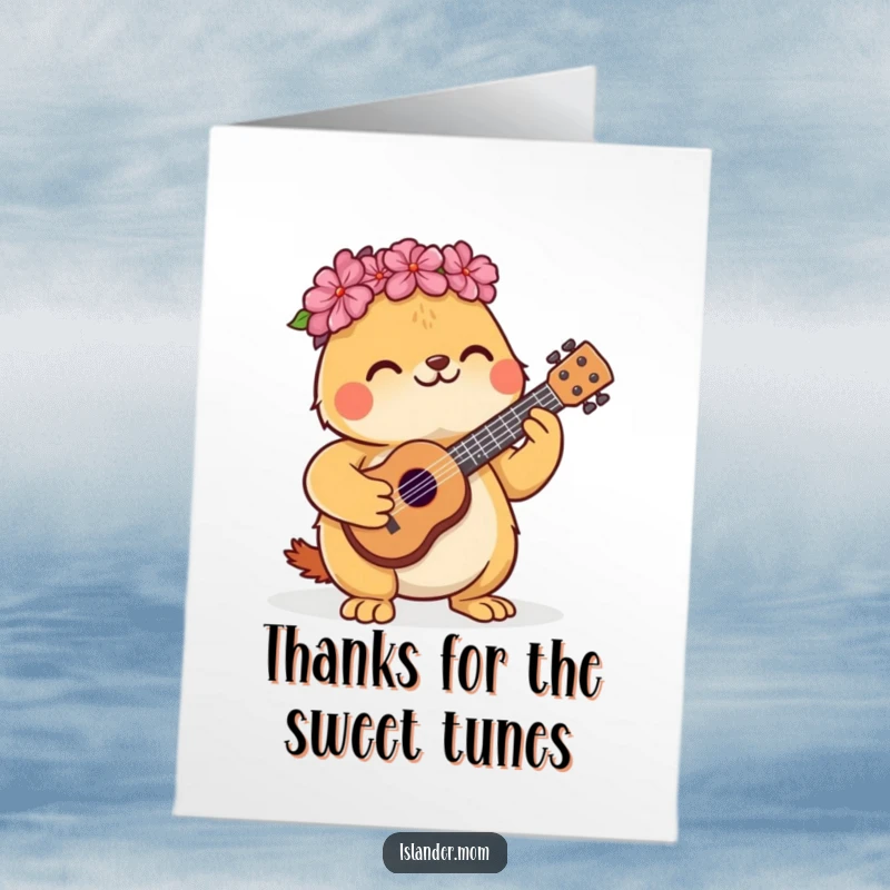 Funny free printable thank you card of a kawaii islander animal strumming a small ukulele, offering musical appreciation.