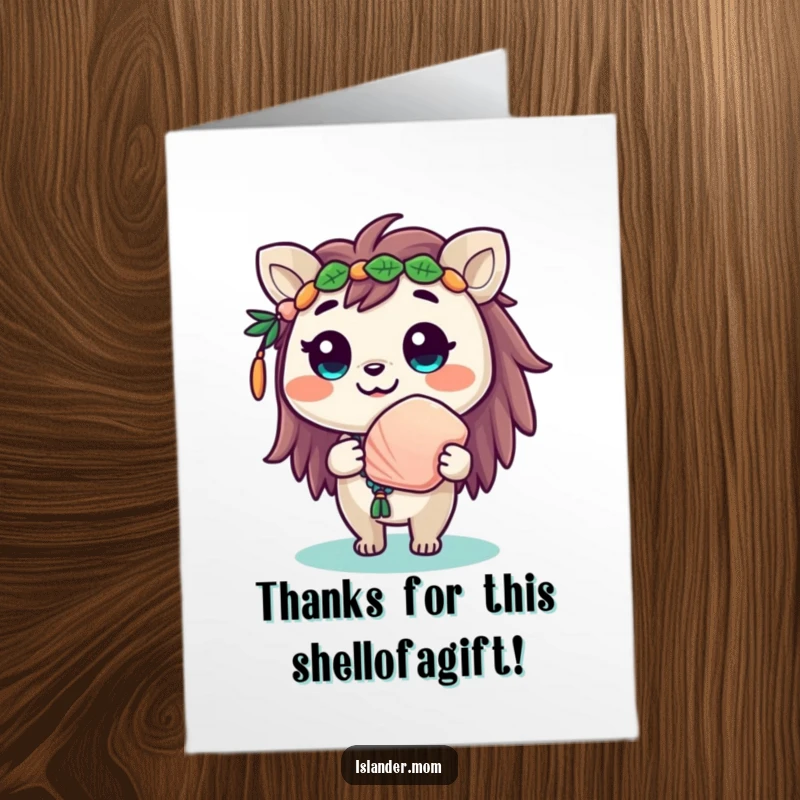 Funny Free Printable Thank You Card: A cute islander animal with a beaming smile holds out a pretty seashell.