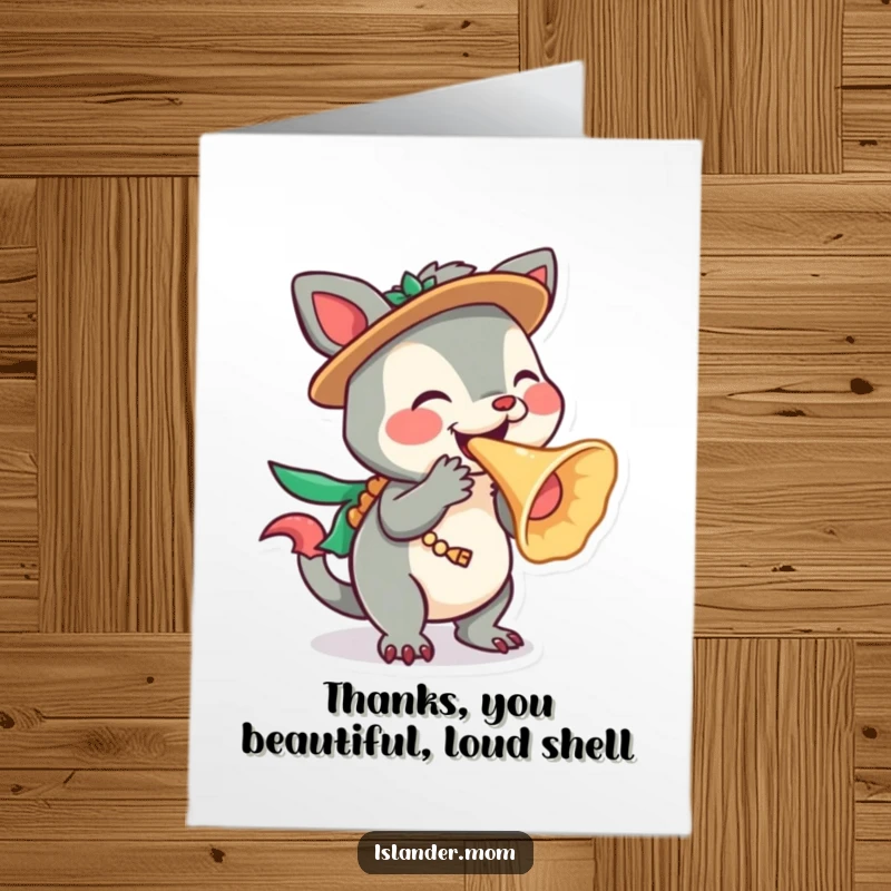 Funny Free Printable Thank You Card: Playful islander animal character blowing a conch shell, signalling heartfelt thanks.