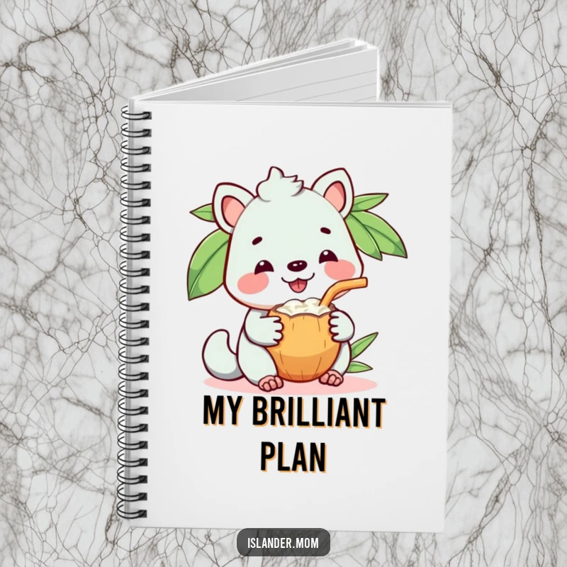 Funny notebook featuring a kawaii islander animal with a happy grin sharing a coconut drink, great for notes.