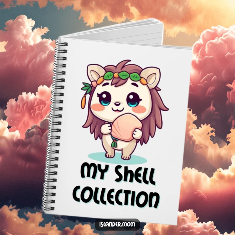 Funny notebook with a cute islander animal character offering a seashell with a beaming smile, perfect for notes.