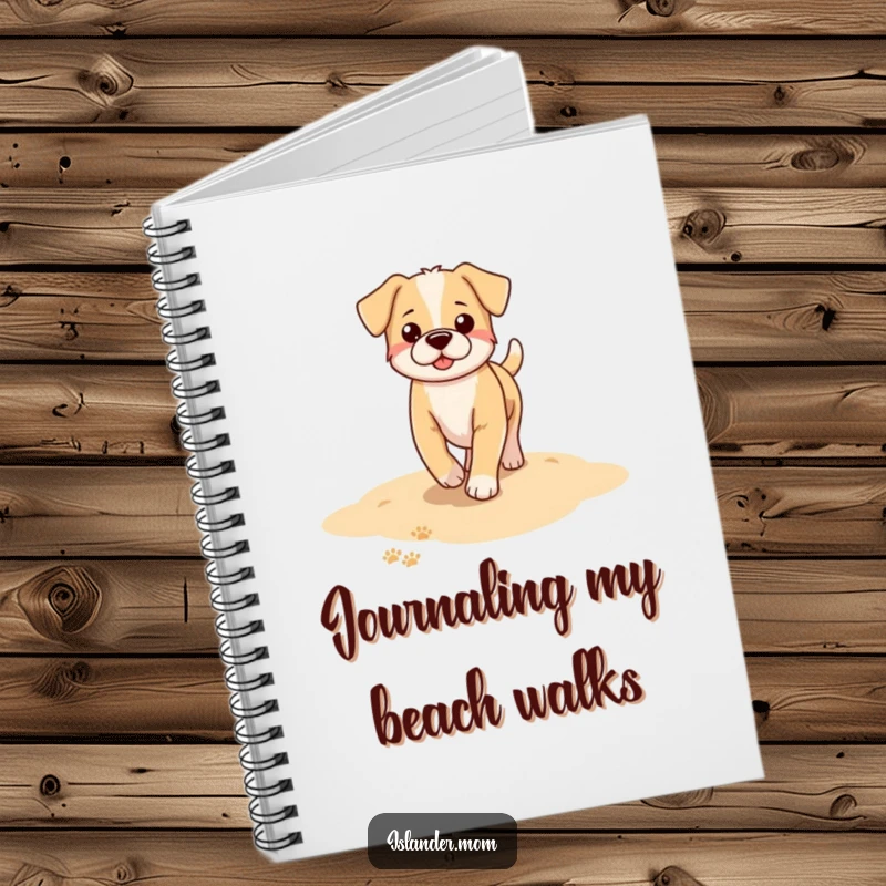 Funny dog notebook cover showcasing a sandy beach with clear dog paw prints leading the way, inspiring seaside reflections.