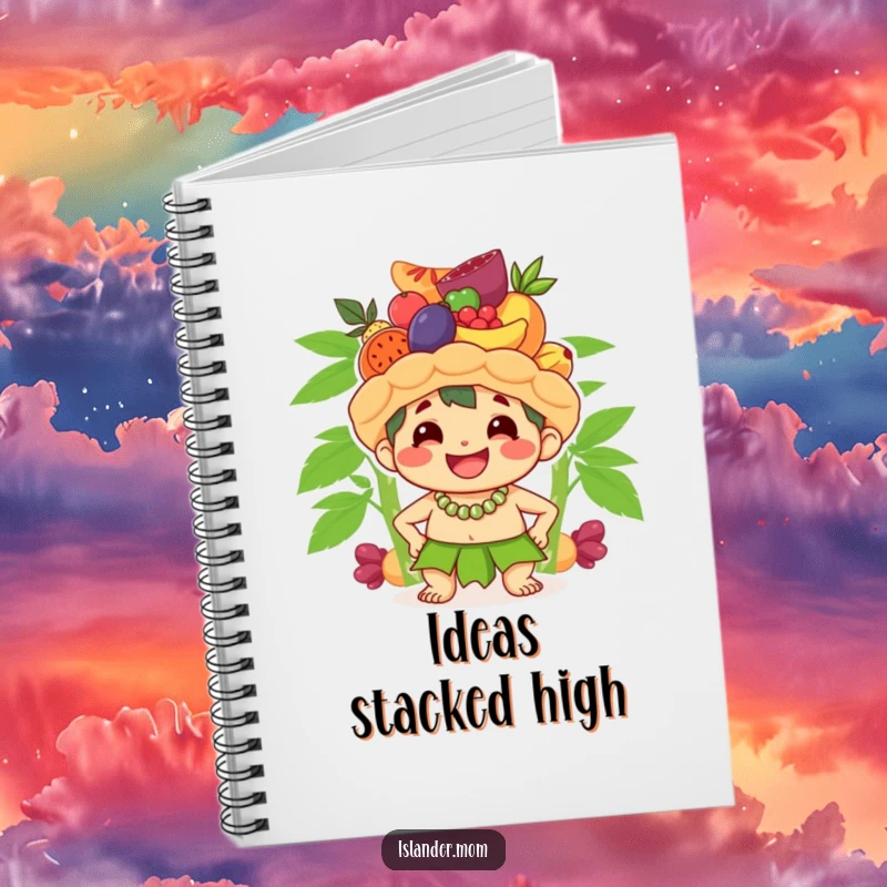 Funny notebook with a cute islander character smiling broadly while balancing a stack of fruit on its head, ideal for jotting down notes and ideas.