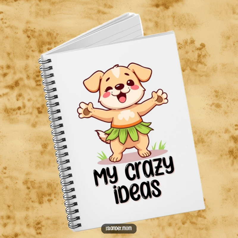 Funny hula dog notebook featuring a dancing dog in a grass skirt, perfect for journaling island adventures or dance notes.