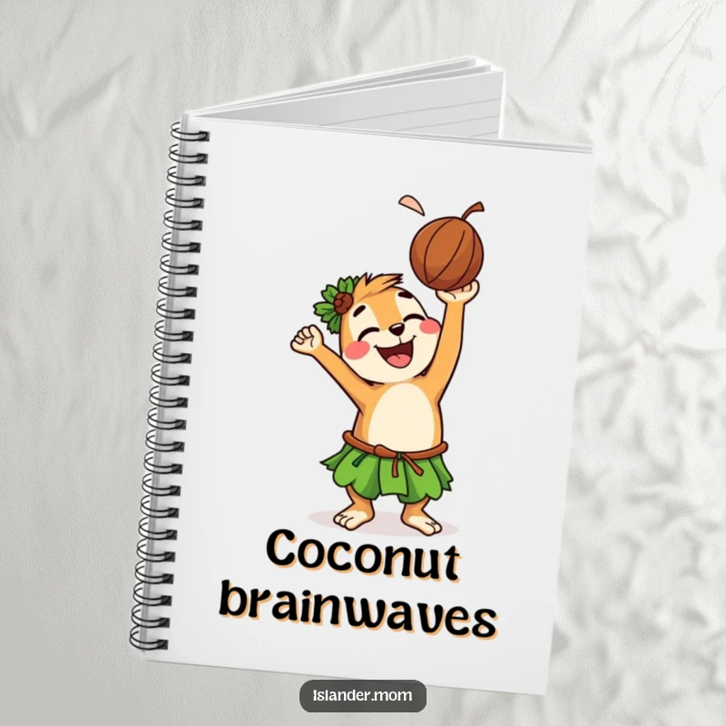 Funny notebook cover featuring a grinning islander animal character tossing a coconut, perfect for capturing playful island thoughts and ideas.