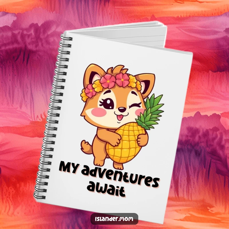 Funny islander animal character winking and holding a pineapple on a notebook cover, designed for jotting down funny thoughts.
