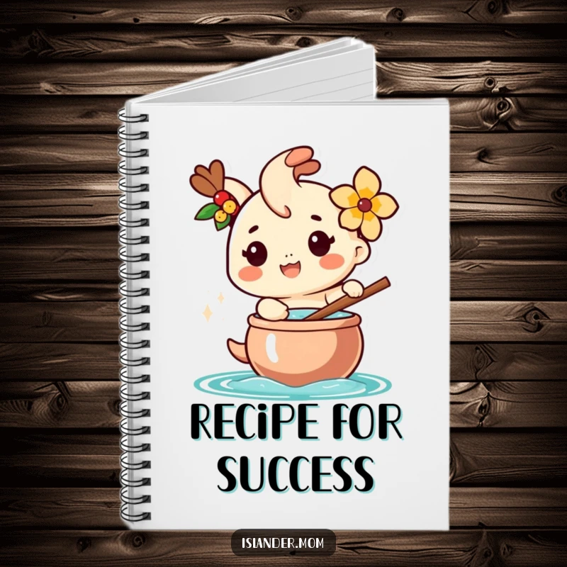 Funny notebook with a happy islander character wearing a flower, stirring a large pot, ideal for jotting down recipes and ideas.