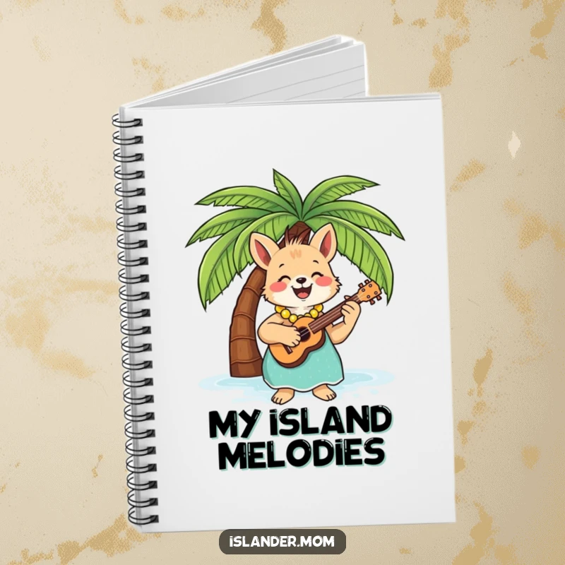 Funny Notebook cover showing an islander mom animal playing a ukulele under a palm tree, ideal for jotting down creative ideas.