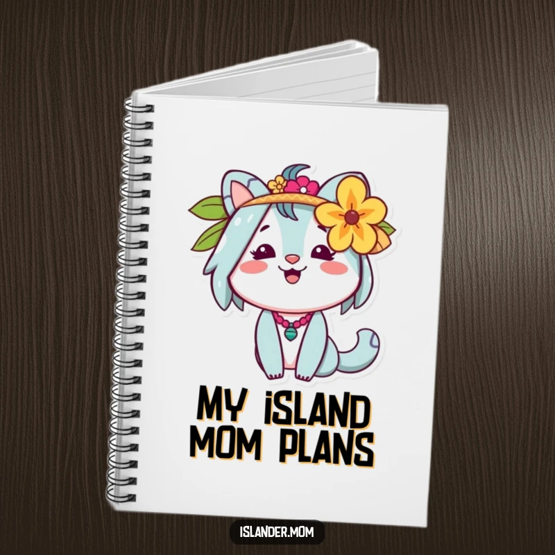 Funny Islander Mom Notebook featuring a cheerful animal mom with a flower behind her ear, great for jotting notes.