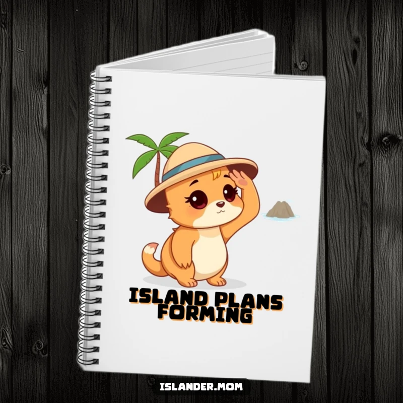 Funny Islander Mom Notebook, designed for travel dreams, featuring an islander mom shading her eyes and looking at a distant island, humorous and practical.