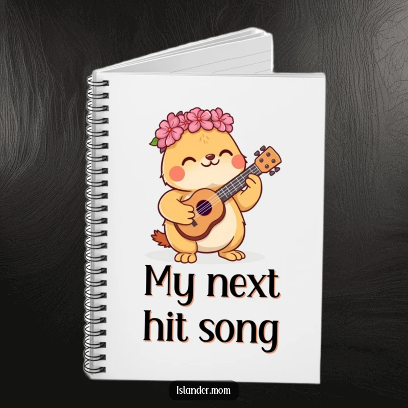Funny notebook cover with a cute kawaii islander animal happily strumming a small ukulele.