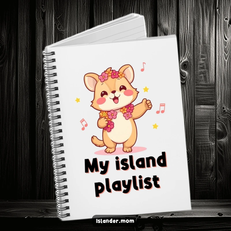 Funny notebook featuring a joyful kawaii islander animal wearing a lei, swaying to music, perfect for tropical ideas.