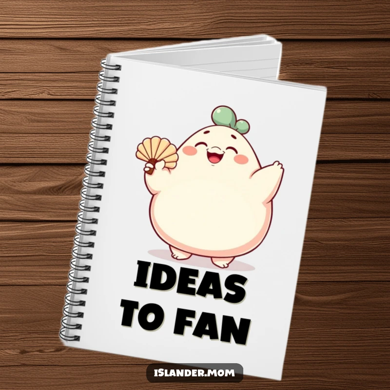 Funny notebook cover with a rotund character fanning with a shell, smiling broadly, perfect for journaling happy thoughts humorously.