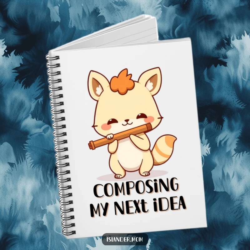 Funny spirited animal playing a flute with a happy smile, a humorous notebook for composing music and jotting down ideas.