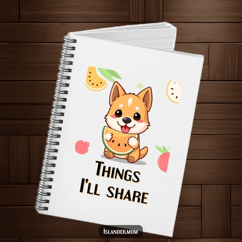Funny tropical fruit dog notebook featuring a welcoming dog offering fruit, perfect for journaling warm thoughts and recipes.