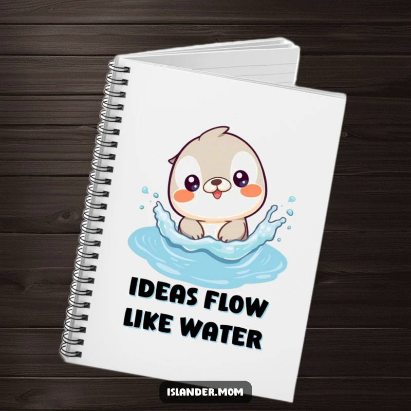 Funny notebook cover with a cute kawaii islander animal gleefully splashing in bright, clear ocean waves.