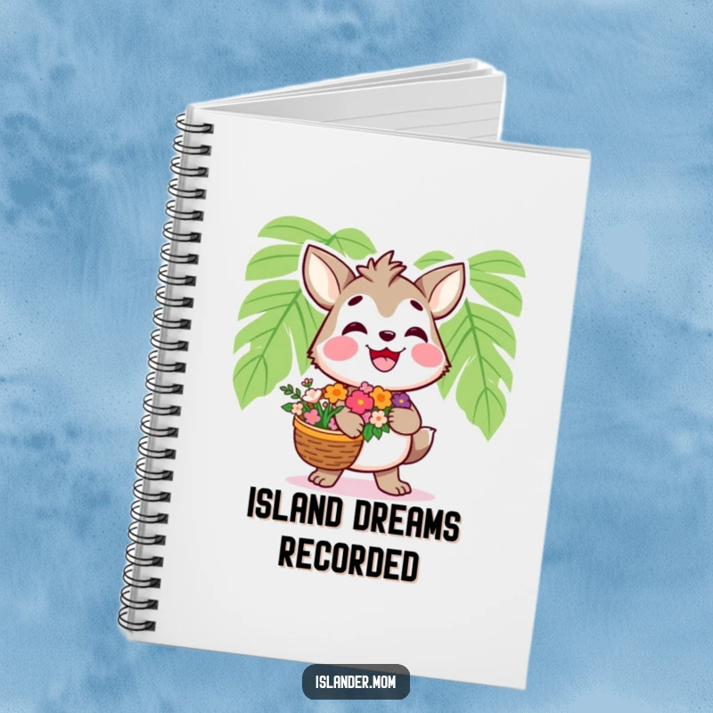 Funny Islander Animal Notebook: Cute islander character with flower basket on a notebook, ideal for notes and funny gifts.
