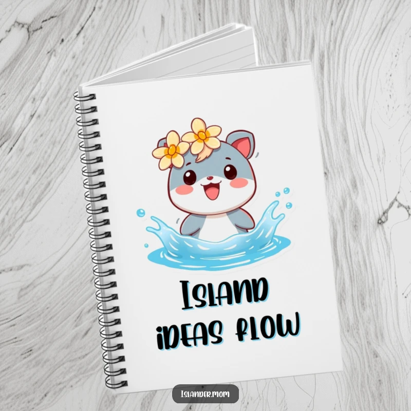 Funny notebook with a cheerful islander animal character splashing playfully in blue water, perfect for notes.
