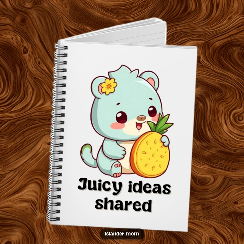 Funny Notebook: Journal with a cover showing a kawaii islander animal offering pineapple, perfect for travel notes and island dreams.