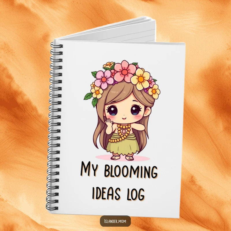 Funny kawaii islander character weaving a flower crown with focused delight, featured on the cover of an art-themed notebook.