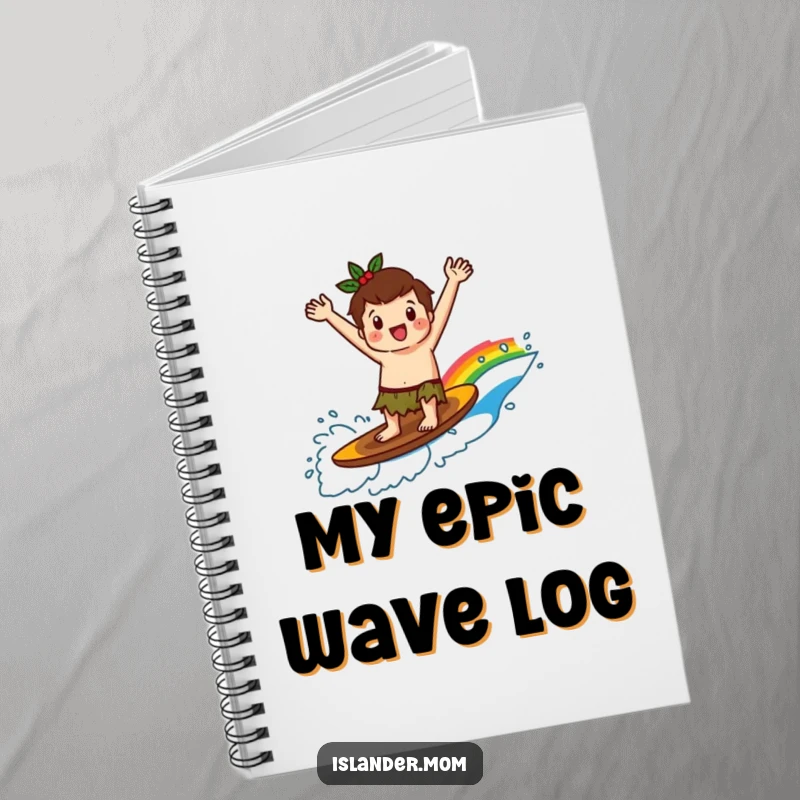 Funny kawaii islander character surfing a rainbow wave, depicted on the cover of a notebook, inspiring creativity and happiness.