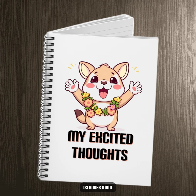 Funny notebook featuring an excited animal character in leis, waving arms, inspiring notes with tropical cheer and enthusiasm.