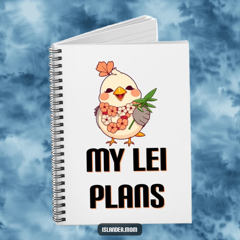 Funny Mama Bird Notebook: A round mama bird in a lei uses a palm leaf to fan herself while taking notes.