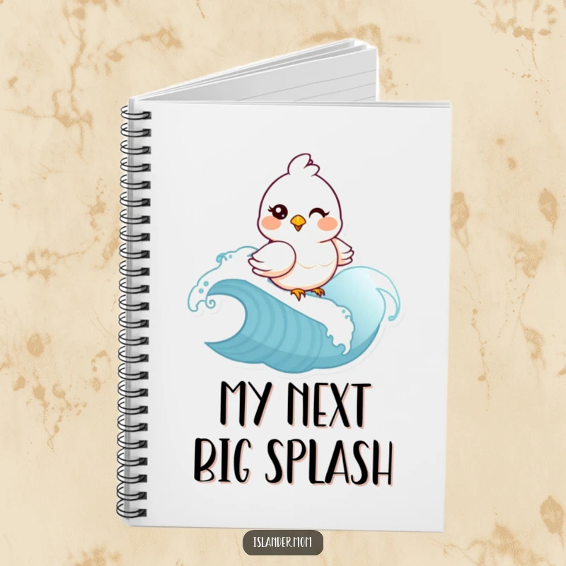 Funny mama bird winking and riding a wave on a notebook. Humorous stationery, perfect funny gift for students and writers.